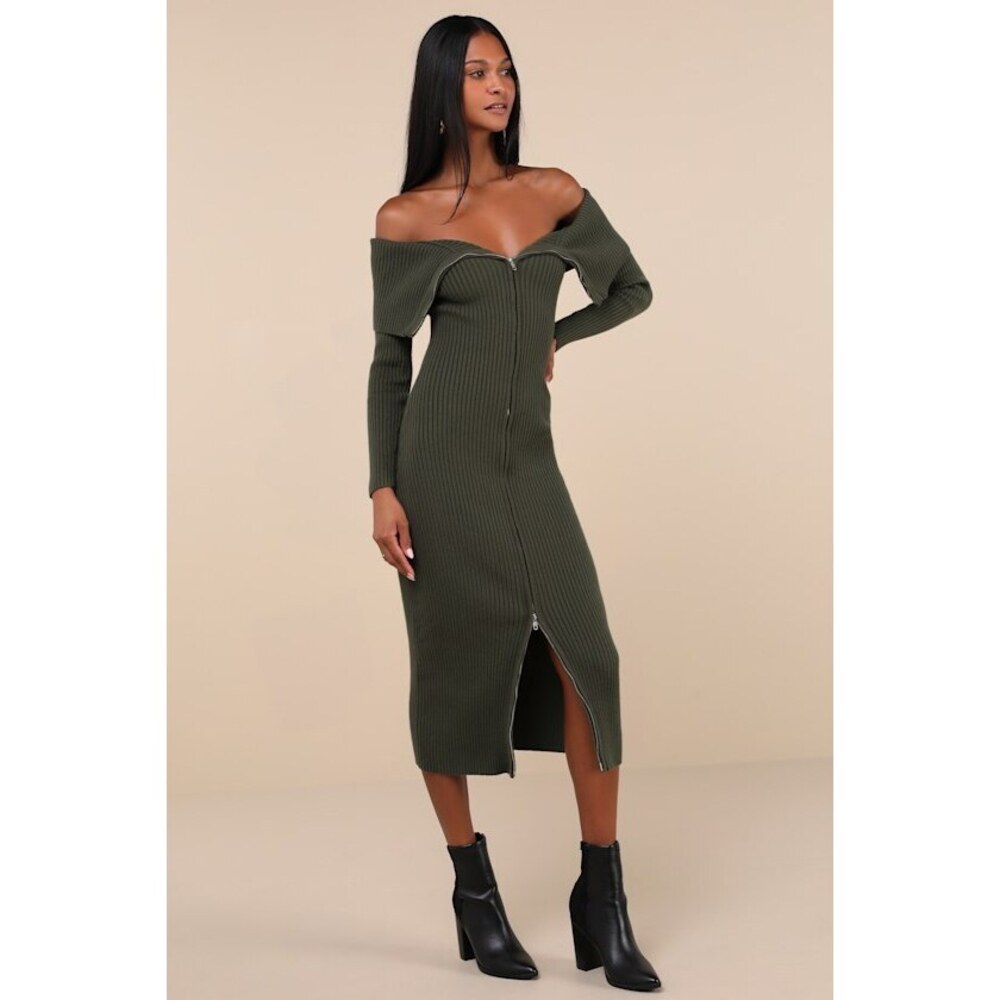 Lulus Trendy Aura Olive Green Off-the-shoulder Zip-front Sweater Dress - Size M